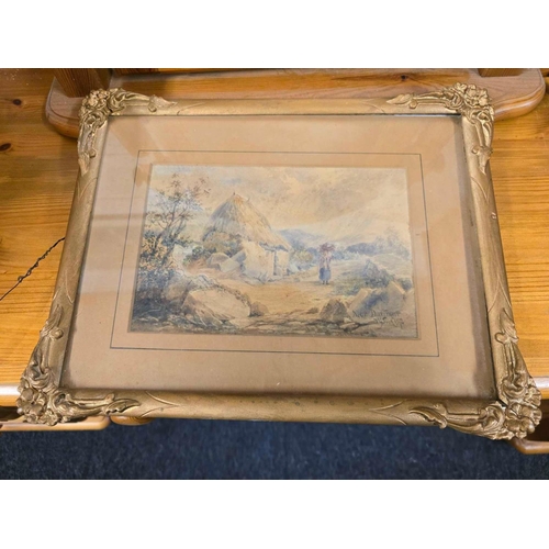 497 - GILT FRAMED OIL PAINTING OF CHILDREN  IN A WOODLAND SCENE A/F & A GILT F/G WATERCOLOUR OF A THATCHED... 