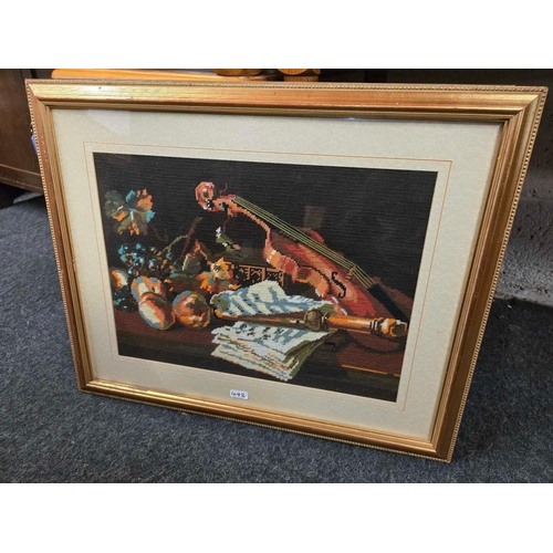 498 - F/G TAPESTRY STILL LIFE VIOLIN PICTURE & A F/G WATERCOLOUR OF FISHERMAN IN A HARBOUR SCENE