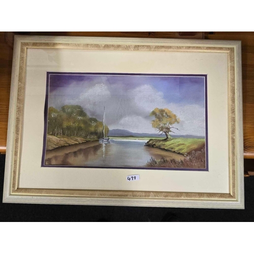 499 - 3 F/G PICTURES, 1 OF A LONELY BOAT PASTEL BY ANTHONY WESTERN & A WATERCOLOUR OF A MOUNTAIN SCENE, & ... 