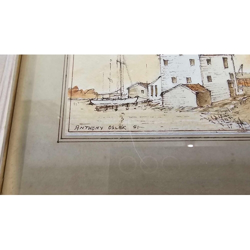 513 - ANTHONY OSLER; WATERCOLOUR OF A SAILING VESSEL MOORED BESIDE A HOUSE, SIGNED & DATED, TOGETHER WITH ... 