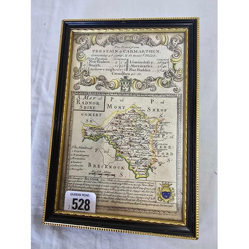 528 - A DOUBLE SIDED, ANTIQUE HAND COLOURED MAP OF RADNORSHIRE, THE REVERSE SHOWING THE ROAD FROM PRESTATY... 