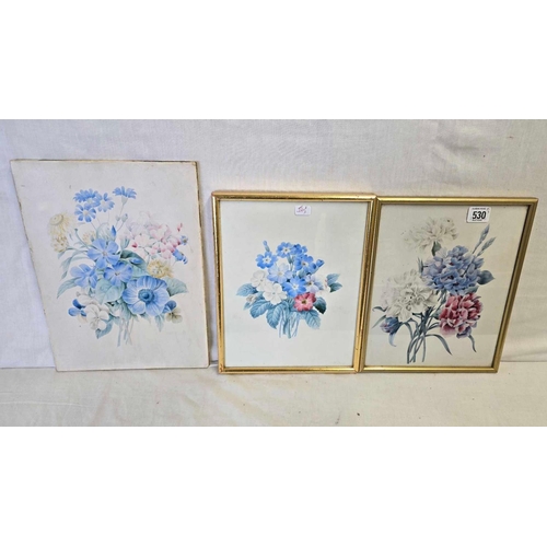 530 - GROUP OF 3 FINE WATERCOLOUR STUDIES OF SUMMER FLOWERS, TWO FRAMED, BOTH INDISTINCTLY SIGNED AND ONE ... 