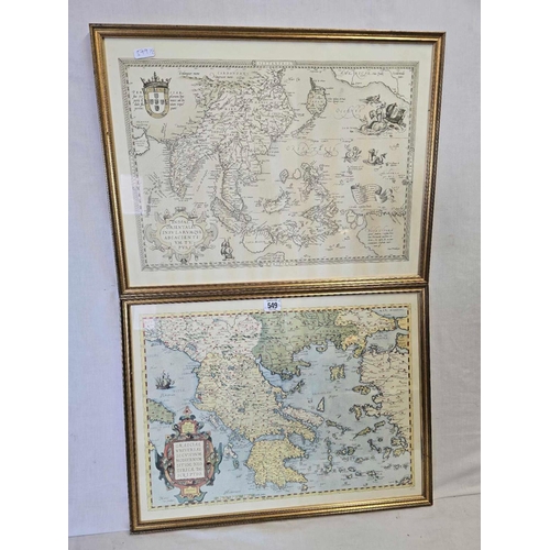 549 - PAIR OF HAND-COLOURED ANTIQUARIAN MAP PRINTS OF GREECE, TOGETHER WITH ANOTHER UN-COLOURED MAP OF IND... 