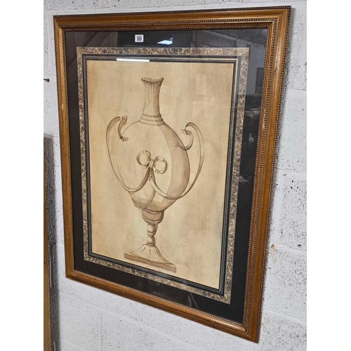 551 - LARGE DECORATIVELY FRAMED & MOUNTED STUDY OF AN ANTIQUE VASE, WITH INITIALS OR NUMBER WRITTEN LOWER ... 