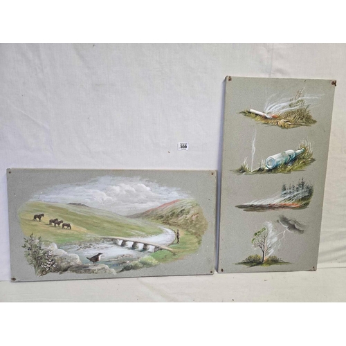 556 - TWO UNFRAMED WATERCOLOUR PANELS; ONE MOORLAND SCENE WITH A FIGURE FISHING BY A CLAPPER BRIDGE WITH P... 