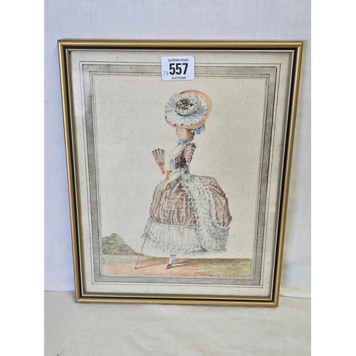 557 - ANTIQUE WATERCOLOUR. A FULL LENGTH PORTRAIT OF A LADY IN FASHIONABLE 18TH CENTURY DRESS. 11 X 9''