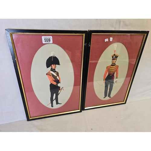 559 - A PAIR OF COLOURED PRINTS OF MILITARY UNIFORMS OF 1819 & 1824 WITH DETAILS TO REVERSE OF EACH, 15 X ... 