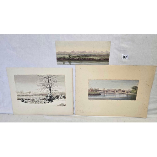 561 - A FOLDER CONTAINING THREE 19TH CENTURY WATERCOLOURS OF MORTLAKE WITH THE RIVER THAMES IN VIEW. EACH ... 