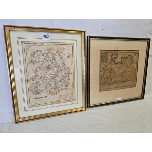 562 - TWO HAND COLOURED ANTIQUE MAPS.  SURREY BY ROBERT MORDEN AND ANOTHER MAP OF SHROPSHIRE. 13'' X 13''