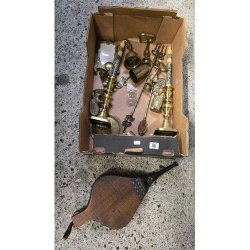 58 - CARTON WITH MISC BRASS ITEMS INCL; CANDLESTICKS, TOAST FORKS & A PAIR OF BELLOWS