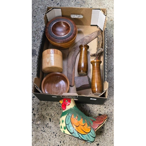 61 - CARTON WITH MISC TREEN, BOWLS, VASES & A CHICKEN