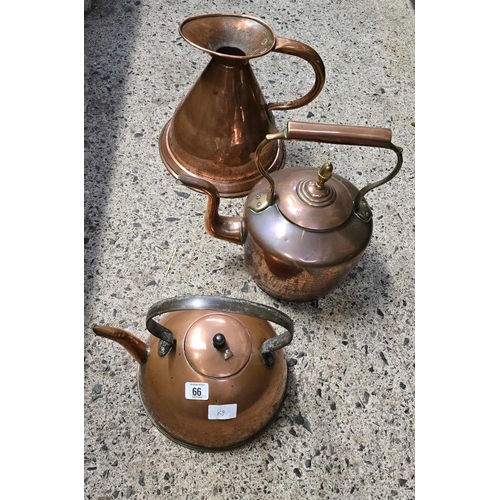 66 - 2 COPPER KETTLES & A COPPER JUG