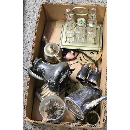 68 - CARTON WITH MISC METALWARE, KNIVES, FORKS, SMALL PAIR OF BINOCULARS, CRUET SET, HORSE BRASSES