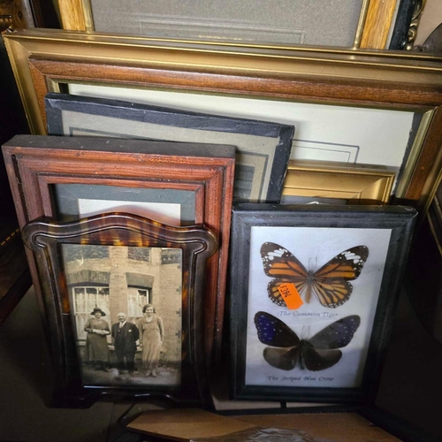 69 - CARTON OF MISC F/G PICTURES, PHOTO'S, BUTTERFLIES, MIRROR & A CLOCK IN FRAME