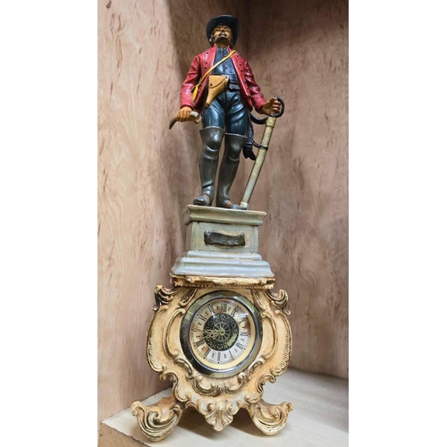 991 - FIGURAL MANTLE PIECE CLOCK, APPROX 12'' HIGH IN RESIN, MARKED ITALY