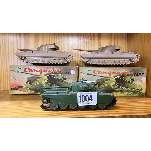 1004 - 2 BOXED FRICTION POWERED CONQUEROR TANKS & 1 OTHER