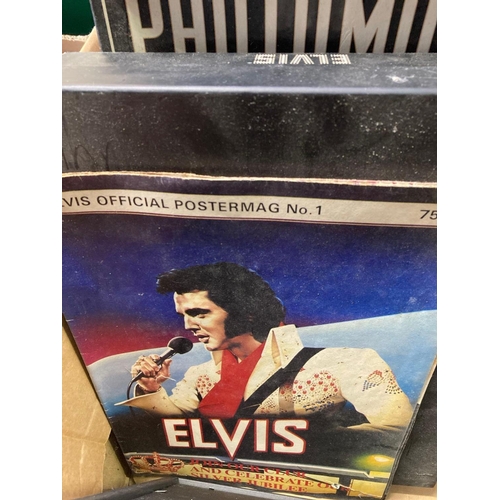 142 - LARGE CARTON OF ELVIS MEMORABILIA INCL; MIRRORS, PICTURES, MAGAZINES ETC