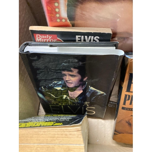 143 - CARTON OF ELVIS MEMORABILIA INCL; MAGAZINES, BOOKS, COPIES OF ELVIS MONTHLY ETC