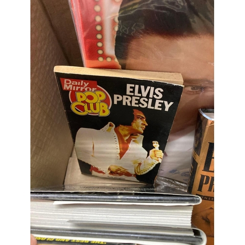 143 - CARTON OF ELVIS MEMORABILIA INCL; MAGAZINES, BOOKS, COPIES OF ELVIS MONTHLY ETC