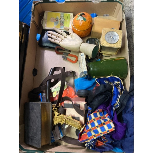 154 - CARTON OF SCARFS, FISH CUTLERY & OTHER BRIC-A-BRAC