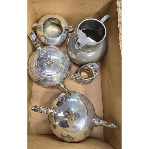 17 - CARTON WITH 2 SILVER PLATED TEA POTS, SUGAR BOWL, MILK JUG & PEWTER JUG