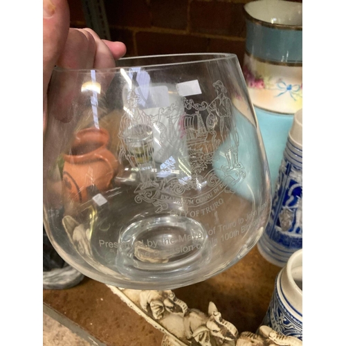 189 - SHELF OF VARIOUS JUGS, VASES, STEINS, BOOKENDS ETC