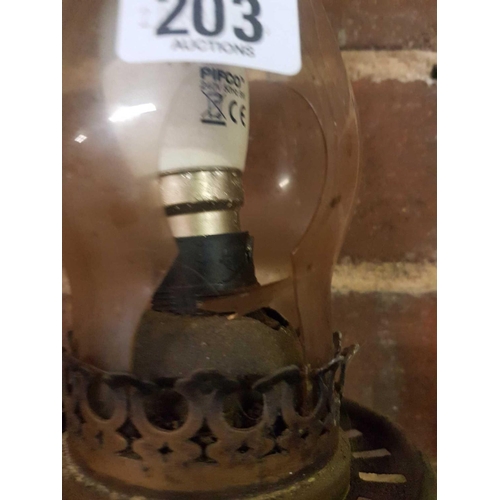 203 - VINTAGE WROUGHT IRON HANGING OIL LAMP A/F