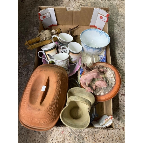 219 - CARTON OF POTTERY, ROMERTOPF POT, MUGS ETC