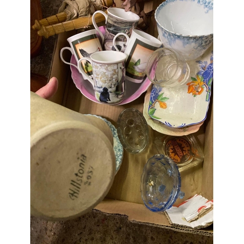 219 - CARTON OF POTTERY, ROMERTOPF POT, MUGS ETC