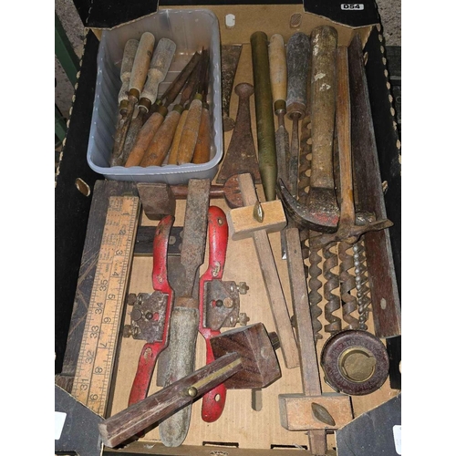 22 - CARTON OF VINTAGE TOOLS, HAMMERS, CHISELS, DRILL BITS ETC