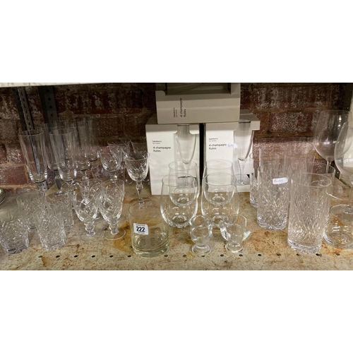 222 - SHELF OF CUT GLASS CHAMPAGNE FLUTES, WINE GLASSES, GOBLETS ETC