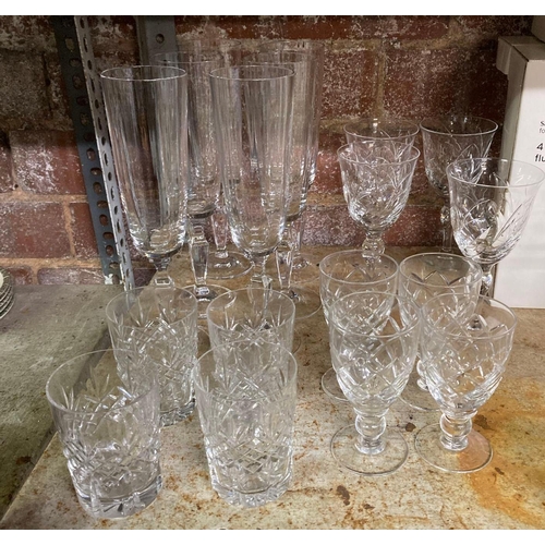 222 - SHELF OF CUT GLASS CHAMPAGNE FLUTES, WINE GLASSES, GOBLETS ETC