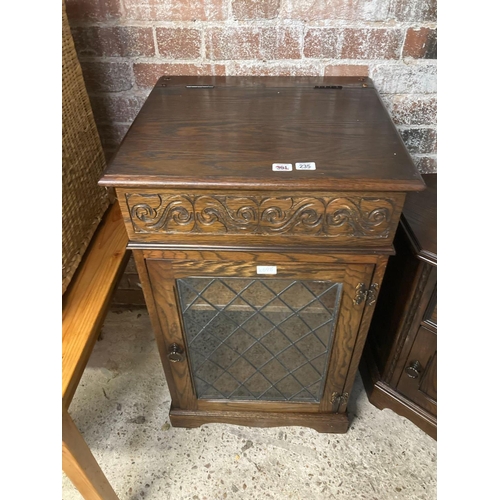 235 - LEADED GLASS FRONTED HI-FI CABINET & A LINEN FOLD FRONT CORNER UNIT