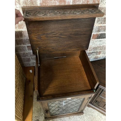 235 - LEADED GLASS FRONTED HI-FI CABINET & A LINEN FOLD FRONT CORNER UNIT