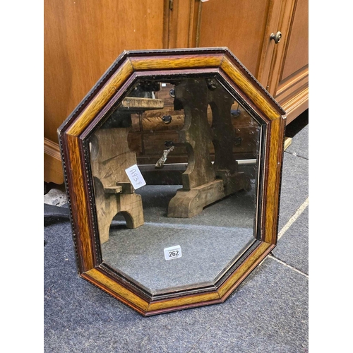 262 - QTY OF VINTAGE SOUVENIR SPOONS ON STANDS, QTY OF BONE CHINA THIMBLES & AN OAK FRAMED OCTAGONAL MIRRO... 