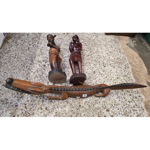 29 - COLLECTION OF ETHNIC CARVINGS INCL; LARGE CROCODILE & 2 FIGURES