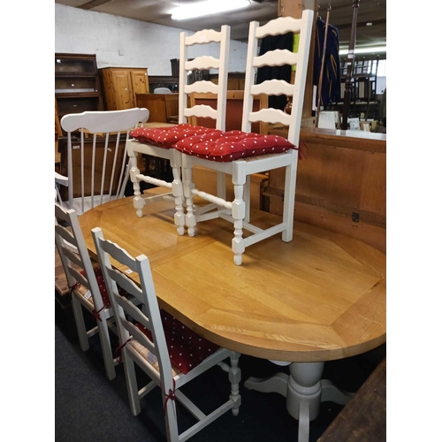 301 - LIGHT OAK EXTENDING DINING TABLE 6fT TO 7ft 6'' & 4 DINING CHAIRS WITH CUSHIONS