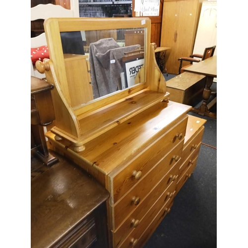 307 - MODERN PINE CHEST OF 5 DRAWERS, MATCHING CHEST OF 3 DRAWERS & TABLE TOP SWING MIRROR