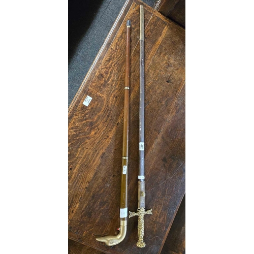 412 - BRASS DUCK HEAD WALKING STICK & ORNAMENTAL SWORD