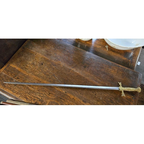 412 - BRASS DUCK HEAD WALKING STICK & ORNAMENTAL SWORD