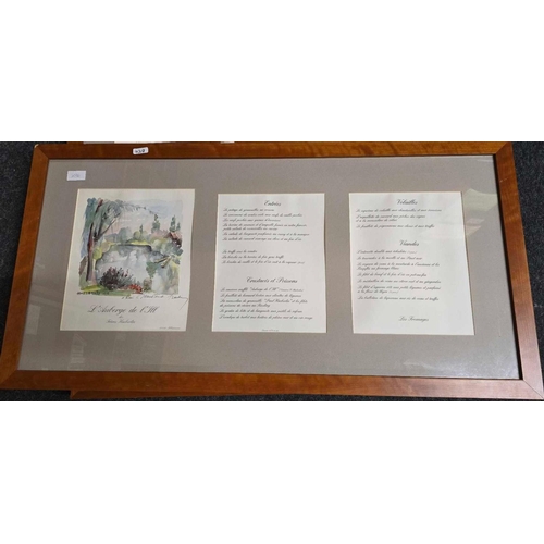 429 - 4 F/G PICTURES, 1 BY AUBERGE, LA FENIERE, AN A LA CARTE SIGNED PRINT MENU, ANOTHER SIGNED F/G MENU E... 