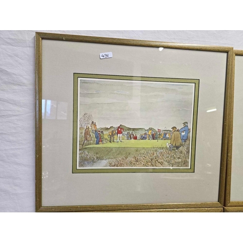 431 - 4 F/G PRINTS OF GOLFING SCENES AT ROYAL BIRKDALE GOLF COURSE, BY JONICUS