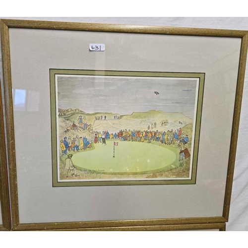 431 - 4 F/G PRINTS OF GOLFING SCENES AT ROYAL BIRKDALE GOLF COURSE, BY JONICUS