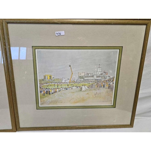 431 - 4 F/G PRINTS OF GOLFING SCENES AT ROYAL BIRKDALE GOLF COURSE, BY JONICUS