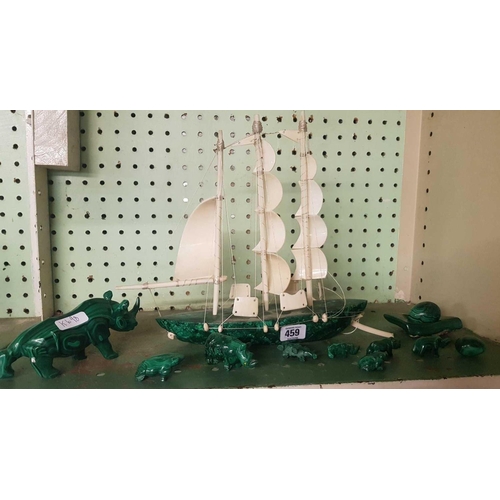 459 - QTY OF HAND CARVED MALACHITE ANIMAL FIGURES & A BOAT