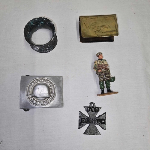 823 - TUB WITH WWII GERMAN BELT BUCKLE, BRASS MATCH BOX HOLDER, A PROPAGANDA IRON CROSS, BRONZE NAPKIN RIN... 