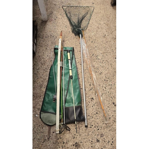 84 - COLLECTION OF FISHING EQUIPMENT INCL; RODS, REELS, KEEP NETS, FLIES, STOOLS, BROLLY'S ETC