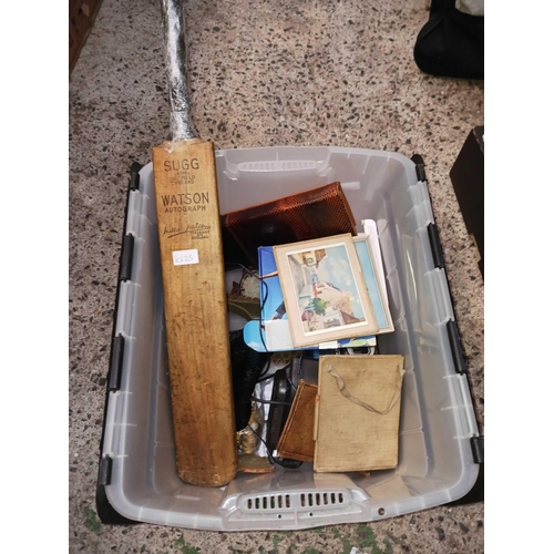 102 - CARTON WITH A WATSON AUTOGRAPH CRICKET BAT, AN UNDERWATER CAMERA CASE,  & OTHER BRIC-A-BRAC