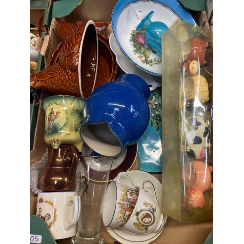 105 - 2 CARTONS OF DECORATIVE SHELLS, A CAKE STAND, TEA POT, JUGS, COMMEMORATIVE CUPS & SAUCERS, AN EGG CR... 
