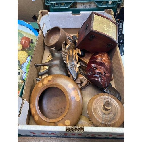 106 - CARTON OF HAND CRAFT TREEN ITEMS, BOWLS, MASK, BOOMERANGS ETC